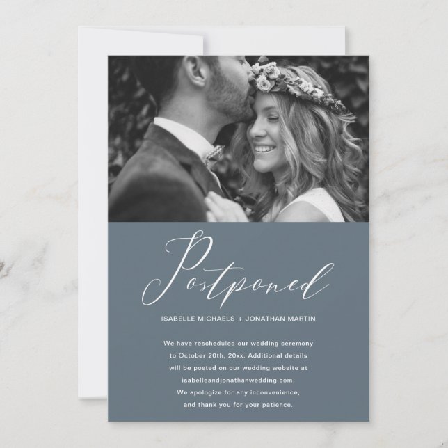 Dusty Blue Wedding Postponement New Date Foto Ankündigung (Vorderseite)