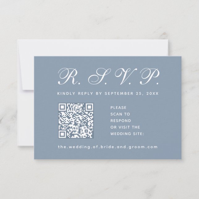 Dusty Blue Wedding QR Code Einfache Kalligrafie RSVP Karte (Vorderseite)