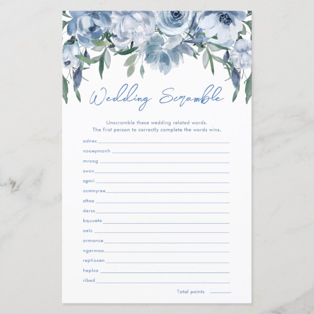 Dusty Blue Wedding Scramble Brautparty (Vorderseite)