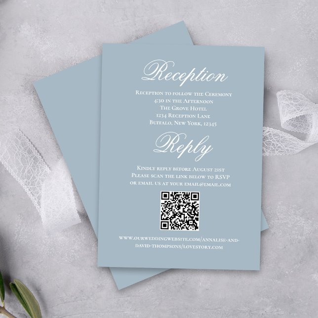 Dusty Blue Wedding Script RSVP Reception  Begleitkarte (Elegant dusty blue reception and RSVP card.)