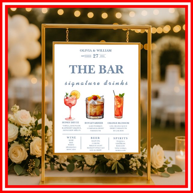 Dusty Blue Wedding Signature Drinks Bar Menu Poster (Von Creator hochgeladen)