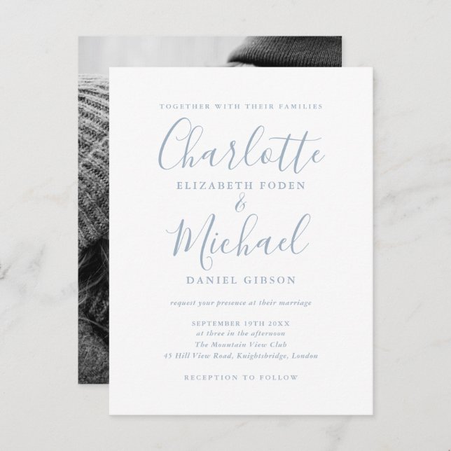 Dusty Blue Wedding Signature Script Einladung (Vorne/Hinten)