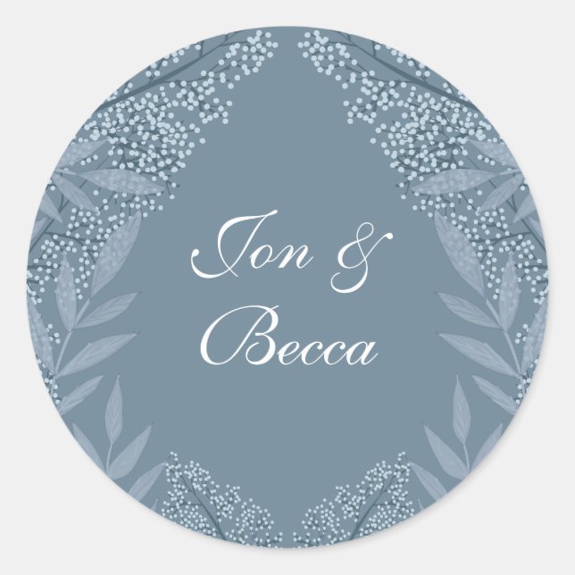 Dusty Blue Wedding Vintag Botanical Runder Aufkleber (Vorderseite)