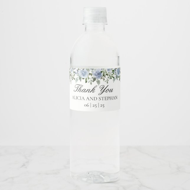 Dusty Blue Wedding Water Bottle Labels Wasserflaschenetikett (Vorderseite)