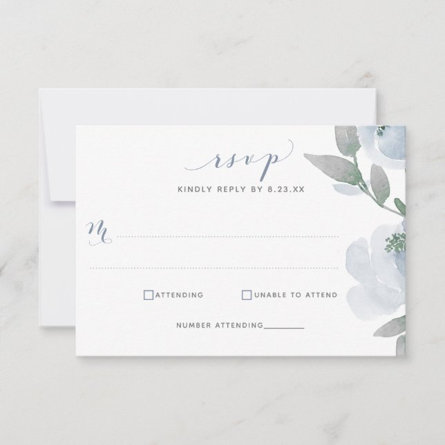 Dusty Blue Wedding Watercolor Soft Floral RSVP Karte (Vorderseite)
