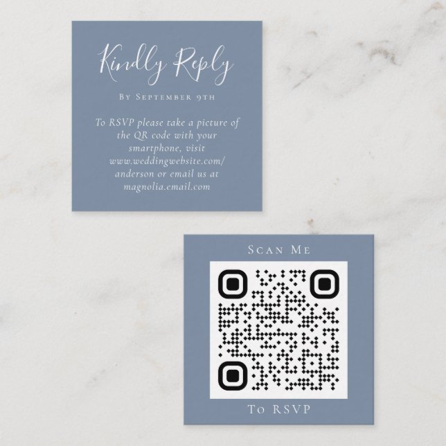Dusty Blue Wedding Website QR Code RSVP Card Telefonnummerkarte (Vorne/Hinten)