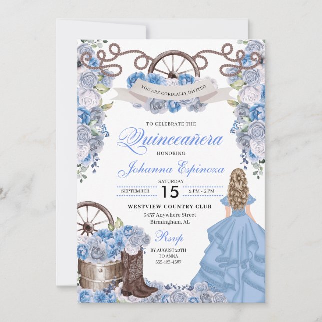 Dusty Blue Western Ranchero Quinceanera Einladung (Vorderseite)