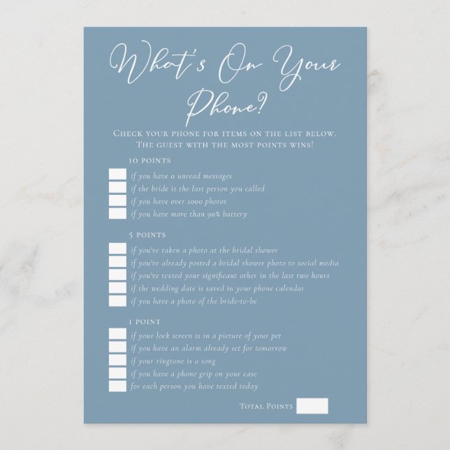 Dusty Blue What's On Your Phone Bridal Shower Karte (Vorderseite)