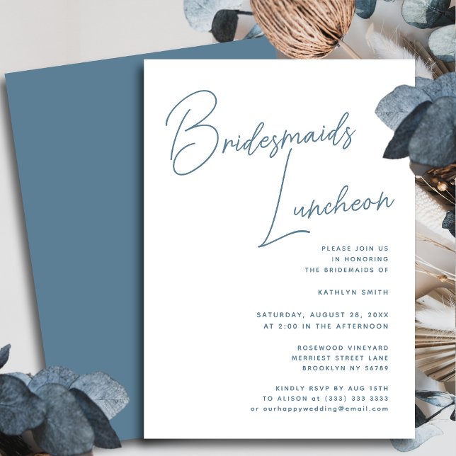 Dusty Blue Whimsical Script Bridesmaids Luncheon Einladung (Von Creator hochgeladen)