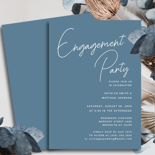 Dusty Blue Whimsical Script Chic Engagement Party Einladung (Von Creator hochgeladen)