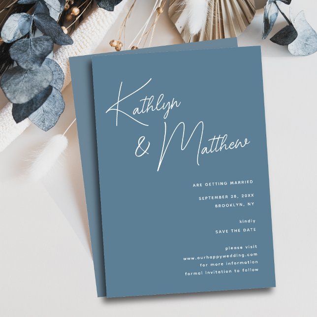 Dusty Blue Whimsical Script Minimalistisch Modern Save The Date (Von Creator hochgeladen)