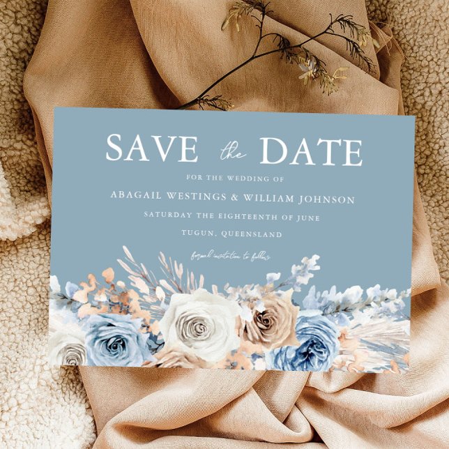 Dusty Blue & White Bohemisch Floral Moderne Hochze Save The Date (Von Creator hochgeladen)