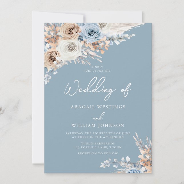Dusty Blue White Bohemisch Watercolor Wedding Einladung (Vorderseite)