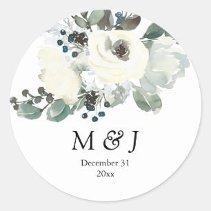 Dusty Blue & White Botanic Monogram Runder Aufkleber