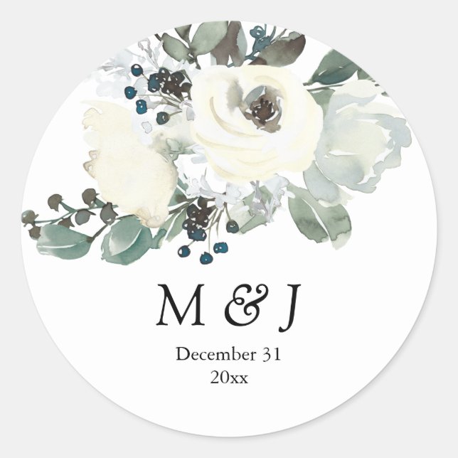 Dusty Blue & White Botanic Monogram Runder Aufkleber (Vorderseite)