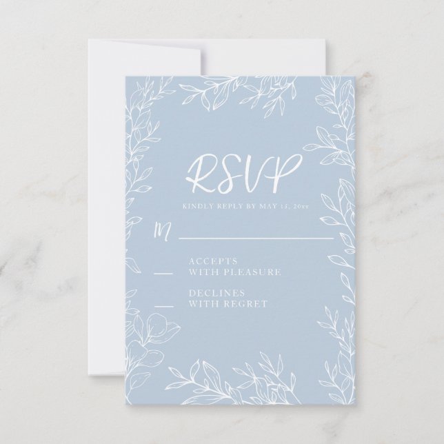 Dusty Blue White Botanical Blätter Wedding RSVP Karte (Vorderseite)