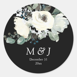 Dusty Blue & White Botanical Monogram - Black Runder Aufkleber