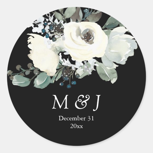 Dusty Blue & White Botanical Monogram - Black Runder Aufkleber (Vorderseite)