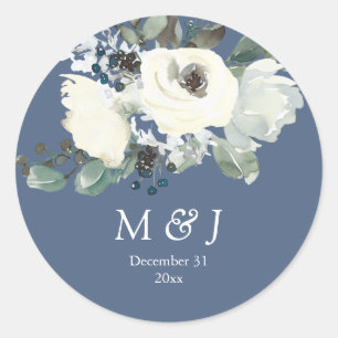 Dusty Blue & White Botanical Monogram - Dusty Blue Runder Aufkleber