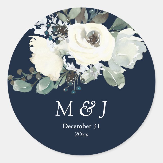 Dusty Blue & White Botanical Monogram, Navy Runder Aufkleber (Vorderseite)