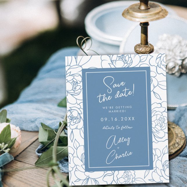 Dusty Blue & White Botanical Wedding Save the Date (Von Creator hochgeladen)