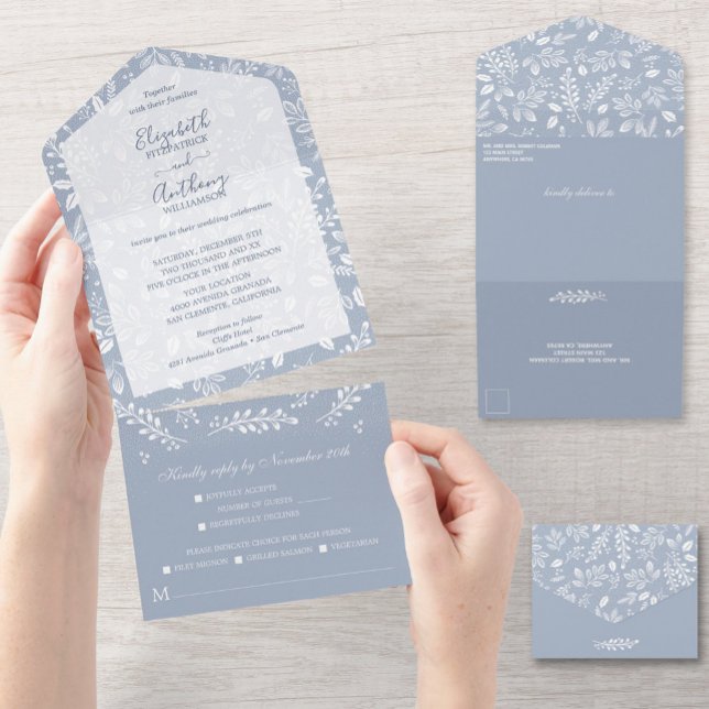 Dusty Blue White Botanicals No Envelopding Wedding All In One Einladung (Von Creator hochgeladen)