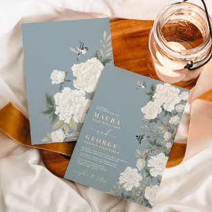 Dusty Blue White Chinoiserie Blumengarten Hochzeit Einladung