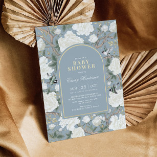 Dusty Blue White Chinoiserie Floral Baby Dusche Einladung