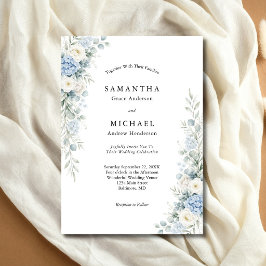 Dusty Blue White Cream Florals Wedding Einladung