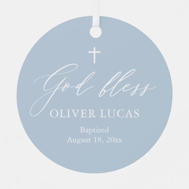 Dusty Blue White Cross Foto Boy Taufe Ornament (Vorderseite)