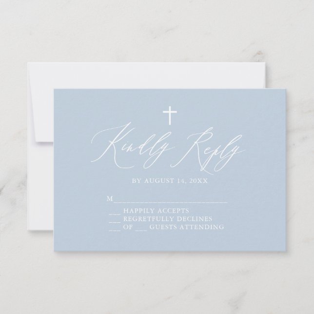 Dusty Blue White Cross Taufe RSVP Karte (Vorderseite)