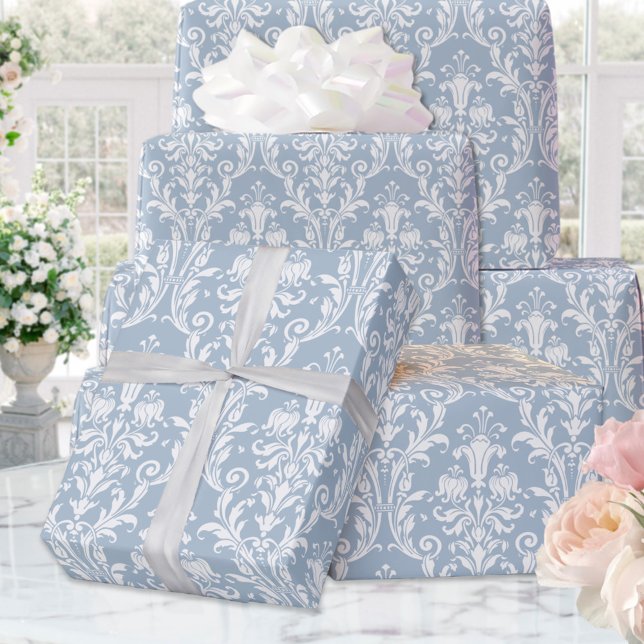 Dusty Blue White Damask Elegante Hochzeit Geschenkpapier (Von Creator hochgeladen)