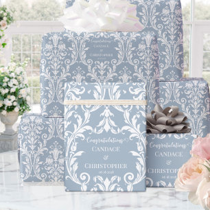 Dusty Blue White Damask Name & Glückwünsche Geschenkpapier