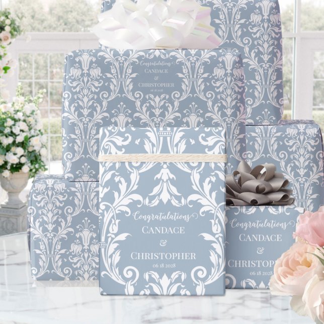 Dusty Blue White Damask Name & Glückwünsche Geschenkpapier (Von Creator hochgeladen)