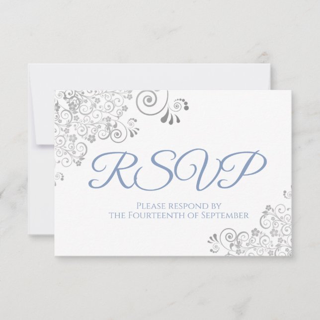 Dusty Blue & White Elegant Silver Lace Wedding RSVP Karte (Vorderseite)