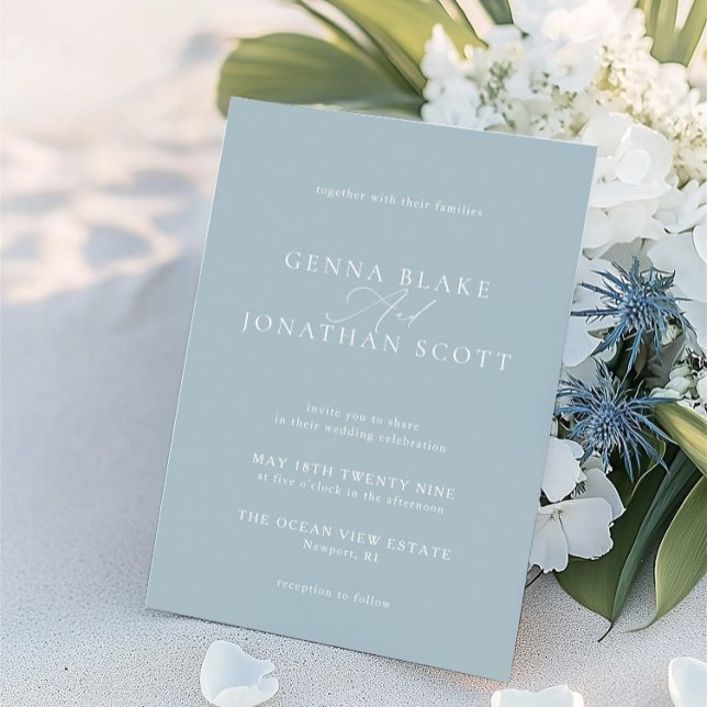 Dusty Blue & White Elegante Minimalistische Hochze Einladung (Dusty Blue & White Elegant Minimalist Wedding Invitation)