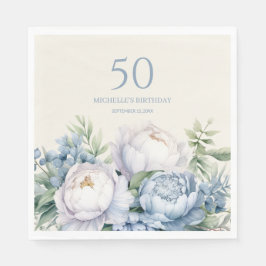 Dusty Blue White Floral 50. Geburtstagsname Serviette