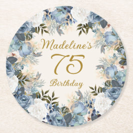 Dusty Blue White Floral 75. Geburtstag Name Runder Pappuntersetzer