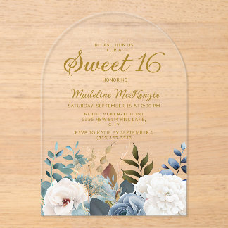 Dusty Blue White Floral Arch Sweet 16 Acryleinladungen