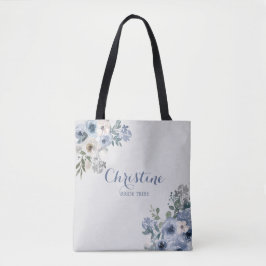 Dusty Blue White Floral Bribe Tribe Tote Bag