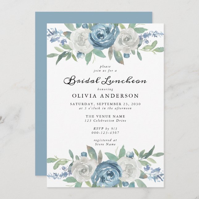 Dusty Blue & White Floral Bridal Luncheon Einladung (Vorne/Hinten)