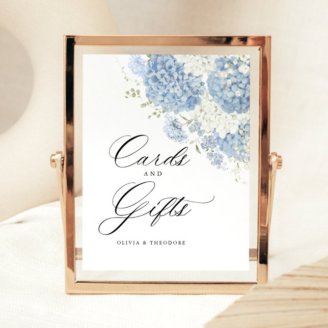 Dusty Blue White Floral Cards and Gifts Wedding Sockelschild (Dusty blue white hydrangea cards and gifts wedding sign, gift table display, Gold frame indoors)