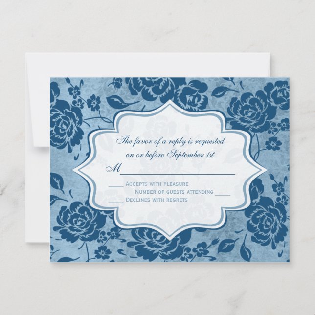 Dusty Blue, White Floral Damask Wedding RSVP Card (Vorderseite)
