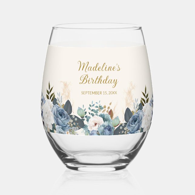 Dusty Blue White Floral Geburtsname Weinglas Ohne Stiel (Vorderseite)