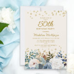 Dusty Blue White Floral Gold 50. Geburtstag Einladung<br><div class="desc">Elegante,  staubige Rosen,  Blumen und Grünpflanzen laden zum 50. Geburtstag von Frauen mit goldenem Glitzer ein. Diese Einladung ist beidseitig bedruckt. Kontaktieren Sie mich,  um Hilfe bei Ihren Anpassungen zu erhalten oder um zusätzliche Matching oder Koordination von Zazzle-Produkten für Ihr Party anzufordern.</div>