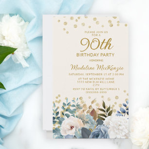 Dusty Blue White Floral Gold 90. Geburtstag Einladung