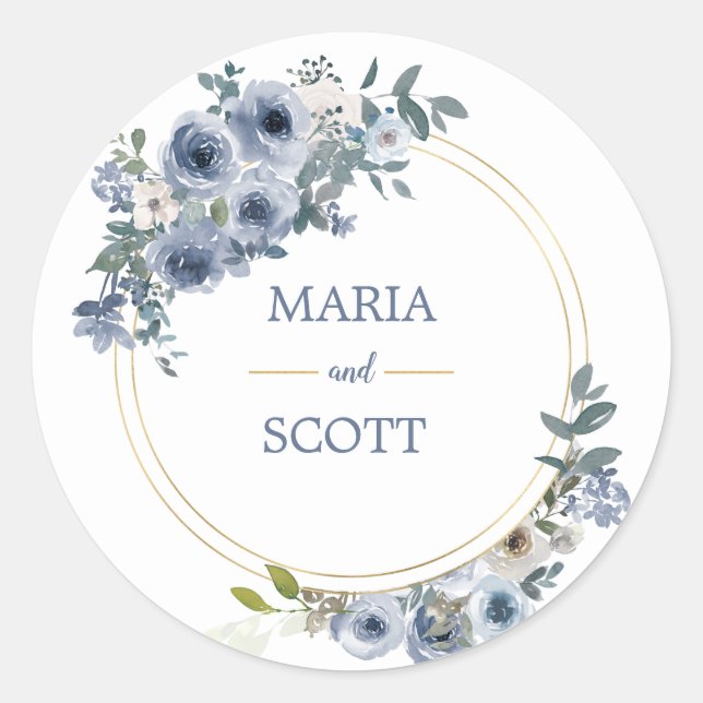Dusty Blue White Floral Gold Foil Wedding Sticker (Vorderseite)