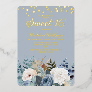 Dusty Blue White Floral Gold Glitzer Sweet 16 Folieneinladung