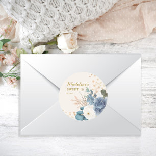 Dusty Blue White Floral Gold Glitzer Sweet 16 Runder Aufkleber
