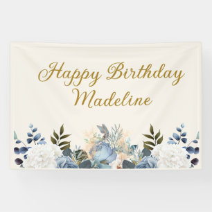 Dusty Blue White Floral Gold Happy Geburtsname Banner